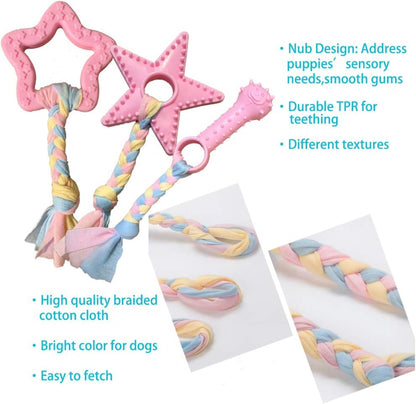 Deluxe 5-Piece Plush Pink Puppy Teething Toys – Crinkle, Squeaky & Chew Set for Small Dogs, Soft & Safe for Teething Pups