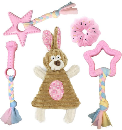 Deluxe 5-Piece Plush Pink Puppy Teething Toys – Crinkle, Squeaky & Chew Set for Small Dogs, Soft & Safe for Teething Pups