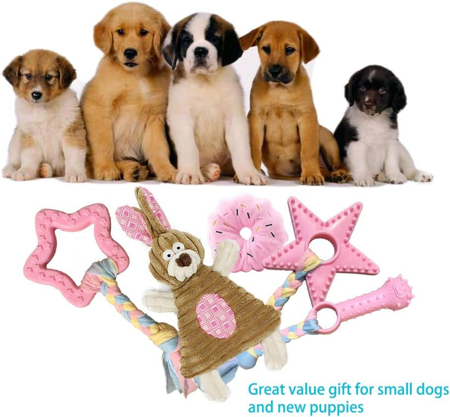 Deluxe 5-Piece Plush Pink Puppy Teething Toys – Crinkle, Squeaky & Chew Set for Small Dogs, Soft & Safe for Teething Pups